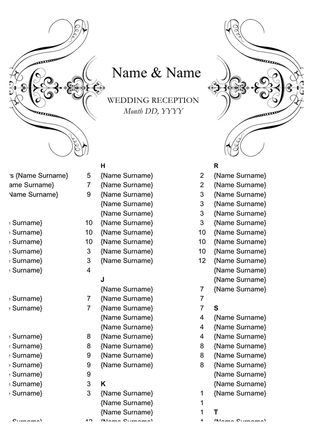 Wedding seating chart template in Word and Pdf formats