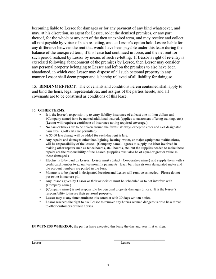 Barn lease agreement sample in Word and Pdf formats page 3 of 4