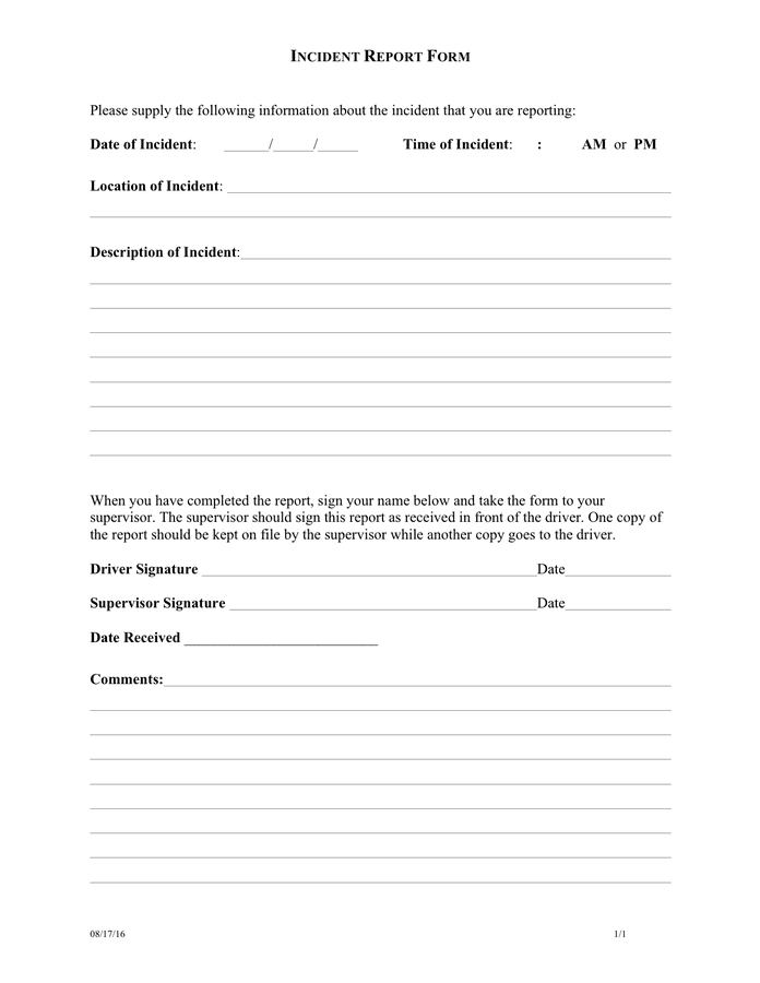 Incident report form in Word and Pdf formats