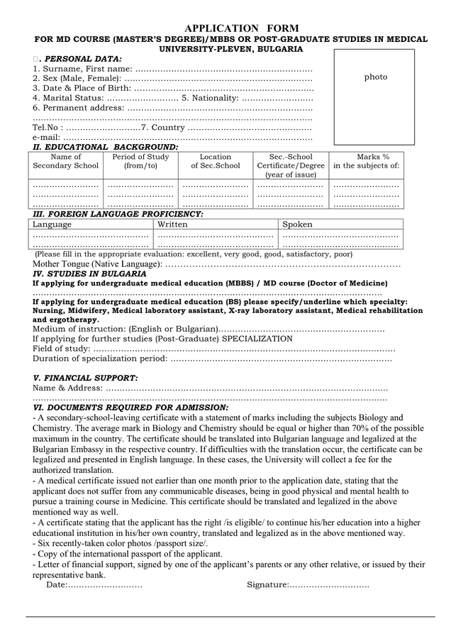 Postgraduate studies application form in Word and Pdf formats