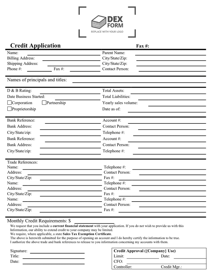 Credit Application Form download free documents for PDF, Word and Excel