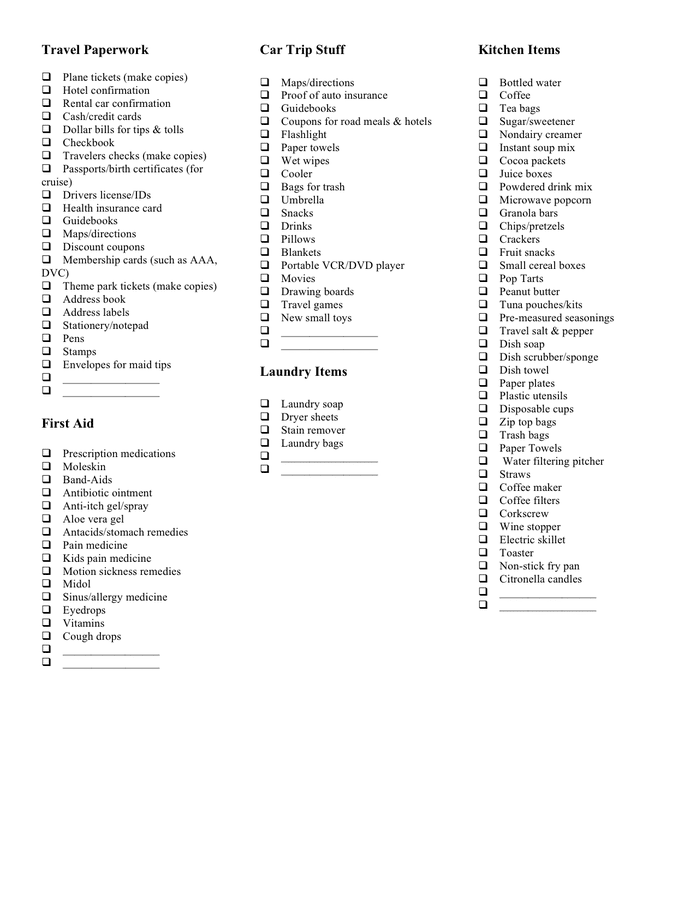 Disney vacation packing list in Word and Pdf formats page 2 of 4