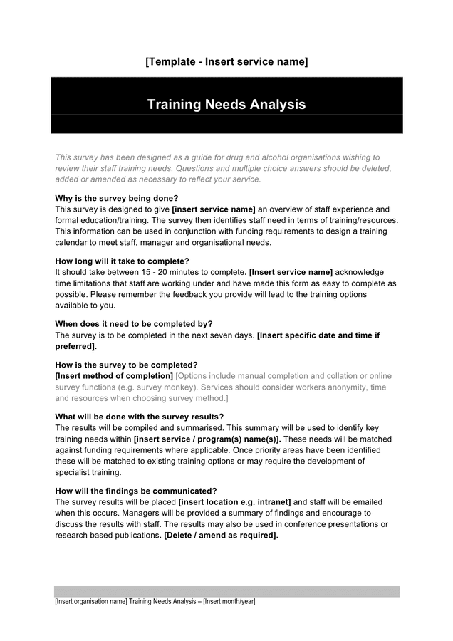 Training needs analysis template in Word and Pdf formats