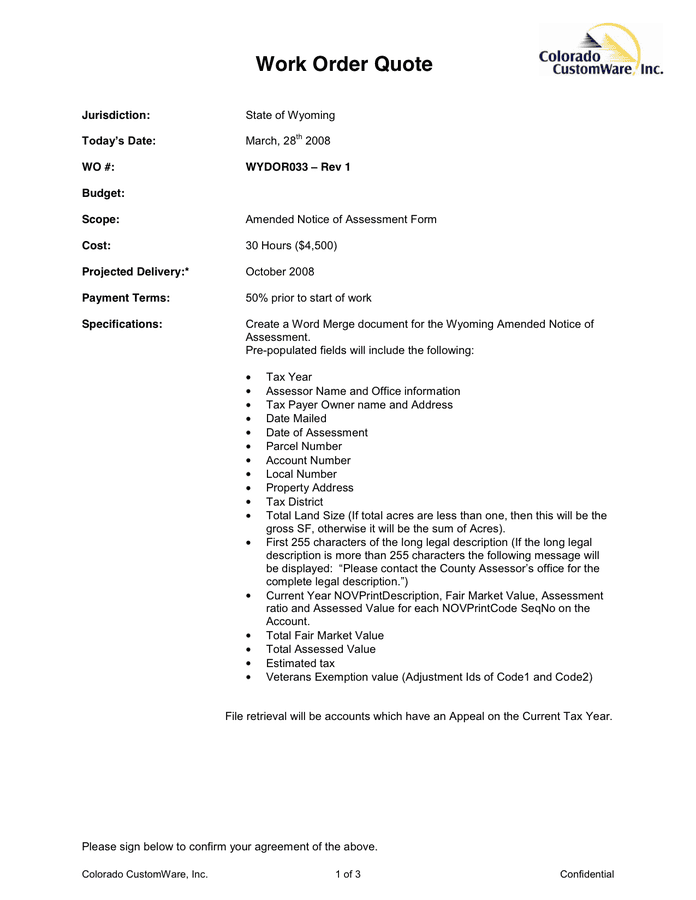 Work Order Quote in Word and Pdf formats