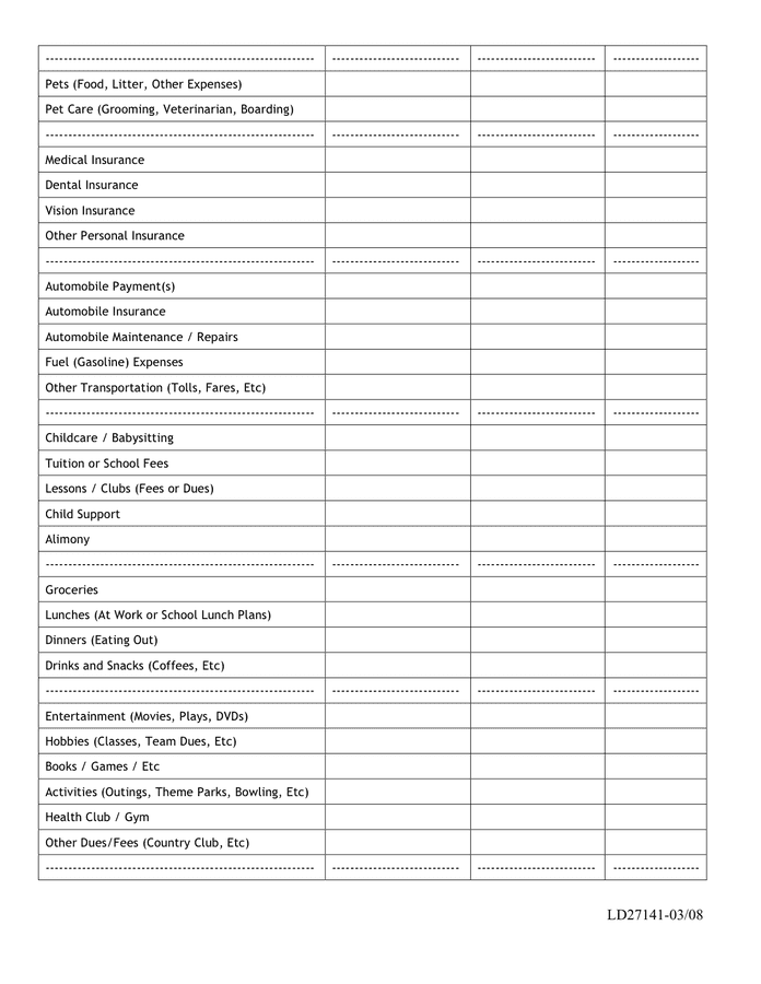 Household budget worksheet in Word and Pdf formats page 2 of 4