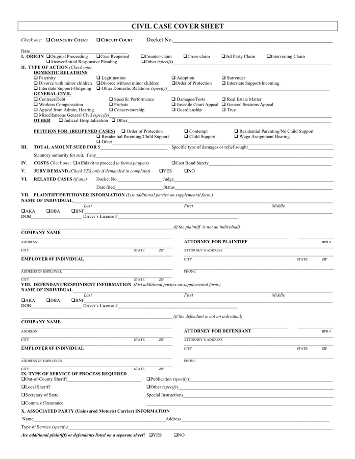 Civil case cover sheet in Word and Pdf formats