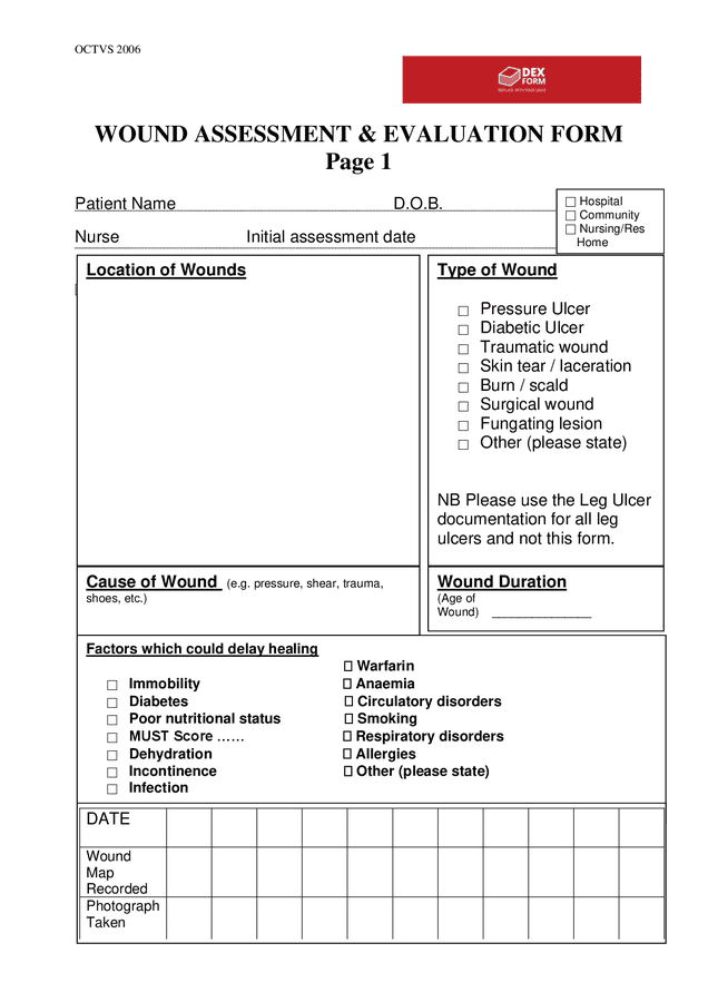 Wound assessment & evaluation form in Word and Pdf formats