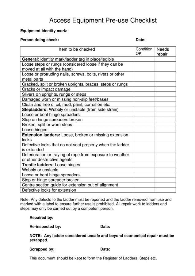 Access equipment preuse checklist in Word and Pdf formats