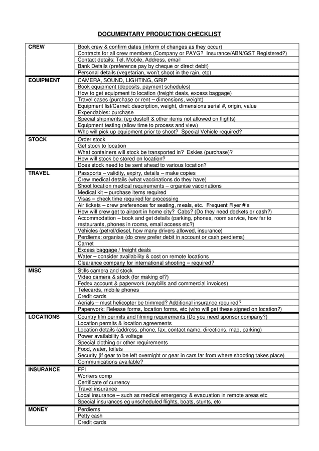 Documentary production checklist in Word and Pdf formats