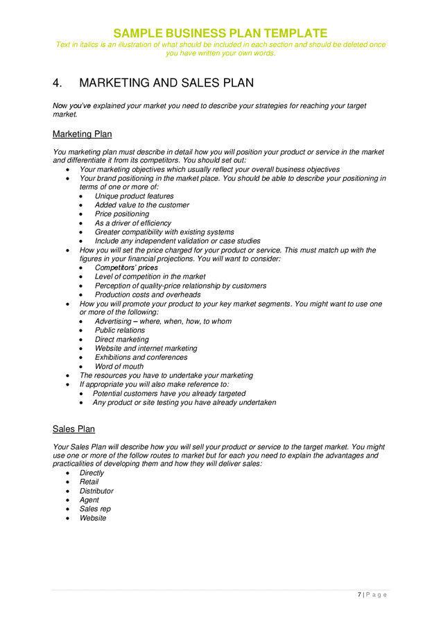 Sample business plan template in Word and Pdf formats page 7 of 13