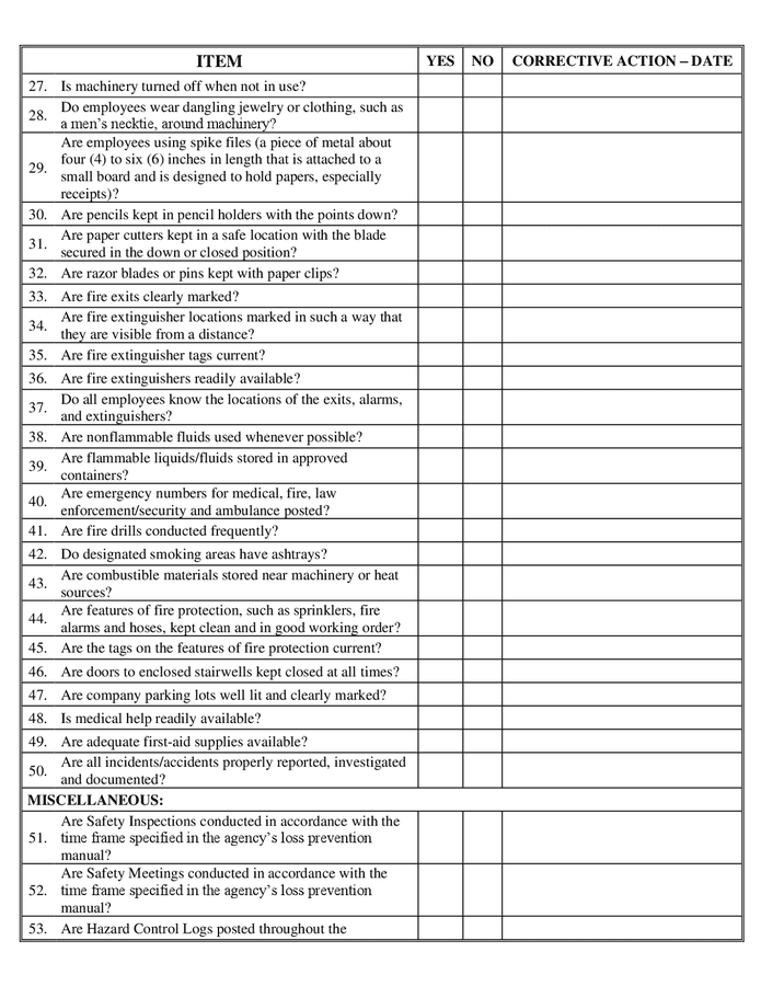 Sample safety inspection checklist in Word and Pdf formats page 2 of 3