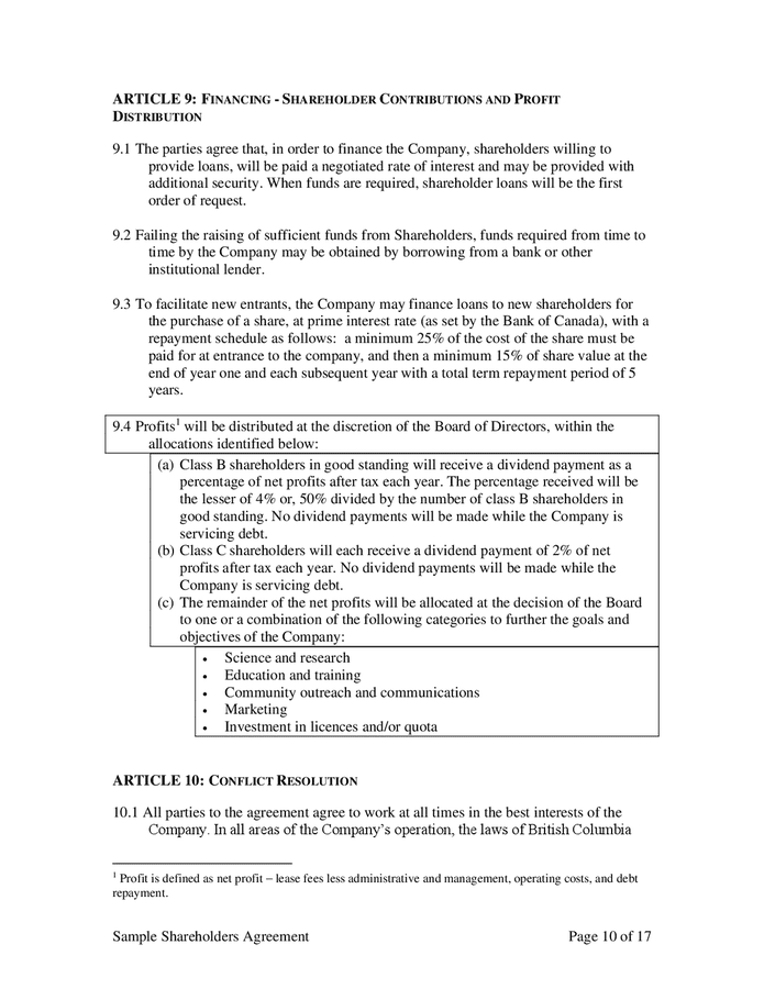 Sample shareholders agreement in Word and Pdf formats page 10 of 17