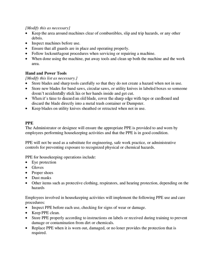 Workplace housekeeping plan template in Word and Pdf formats page 9 of 11