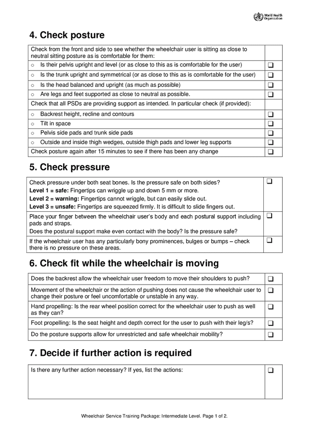 Intermediate wheelchair fitting checklist in Word and Pdf formats