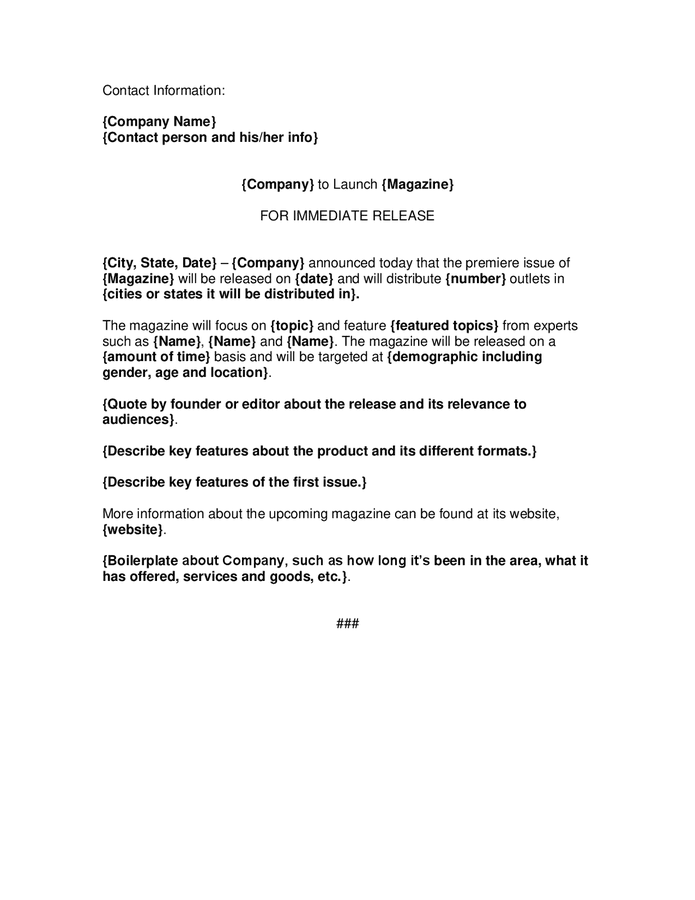 Magazine launch press release template in Word and Pdf formats