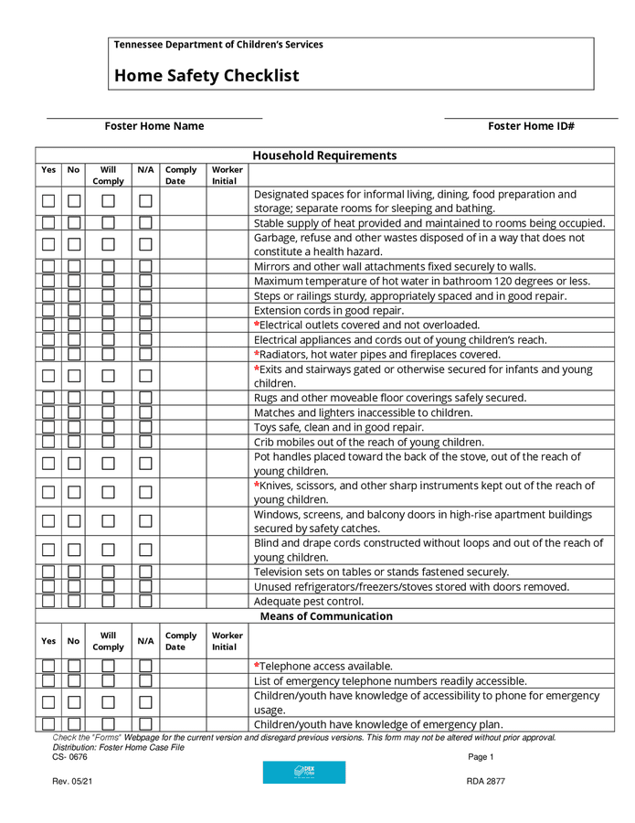 Home safety checklist in Word and Pdf formats