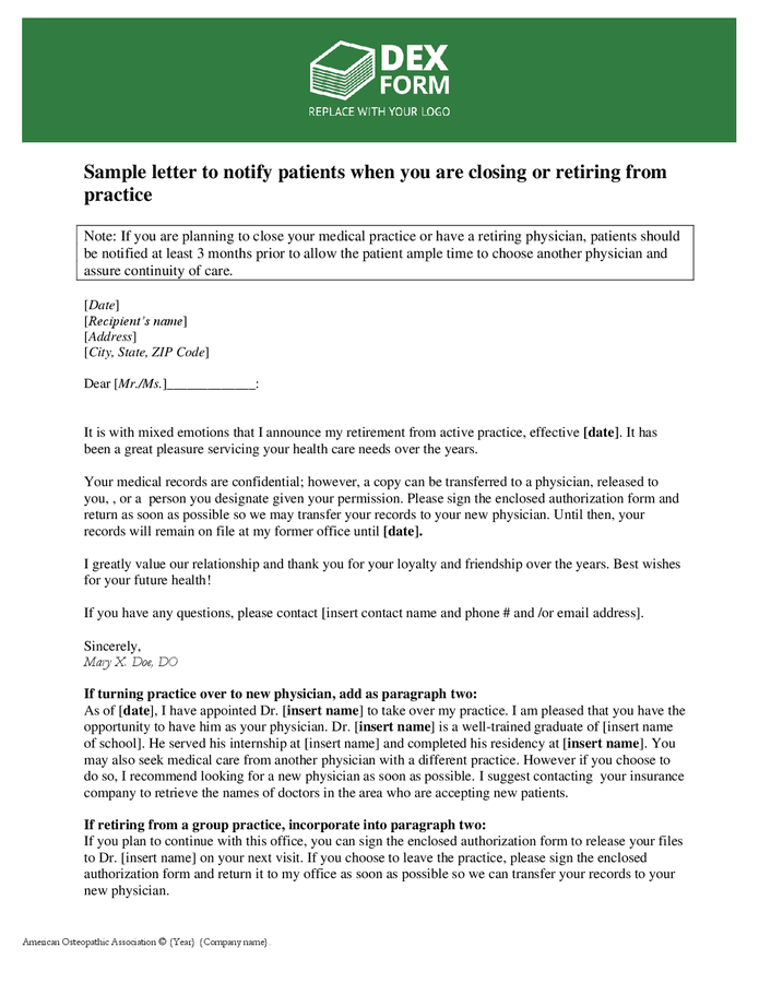 Physician closing a practice sample letter in Word and Pdf formats