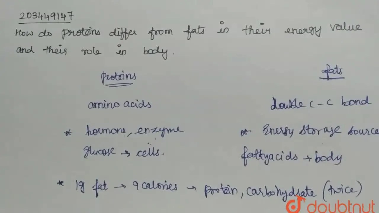 [Tamil Solution] How do proteins differ from fats in their energy valu