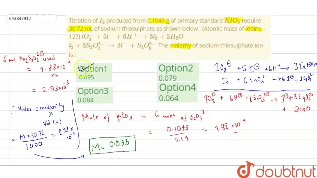 [Bengali] Titration of I2 produced from 0.1045 g of primary standard K