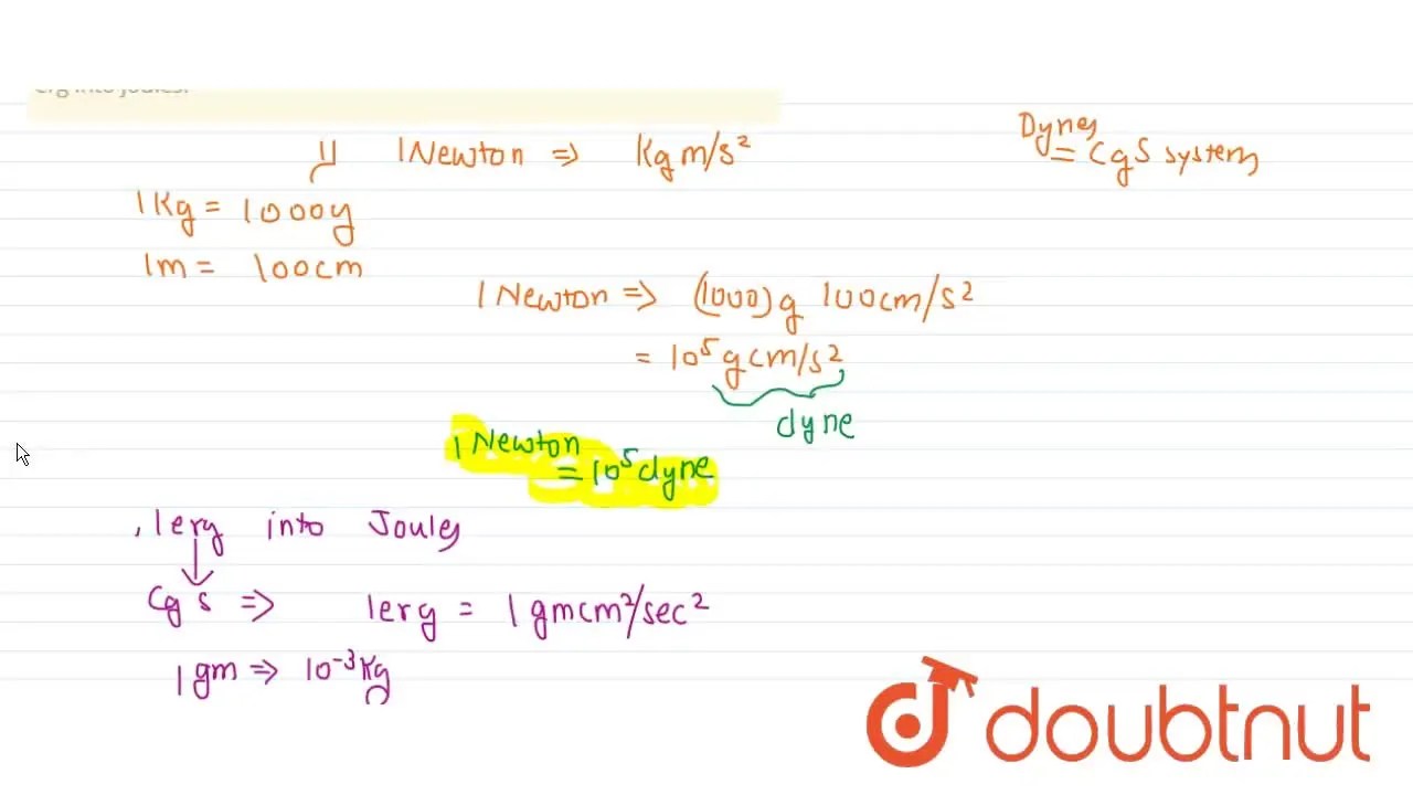 Using dimensions convert (a) 1 newton into dynes (b) 1 erg into joules
