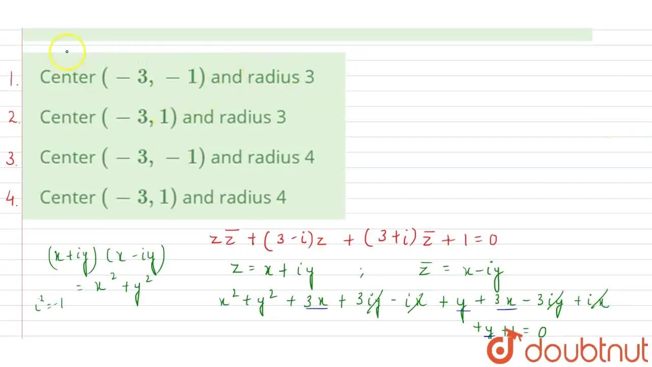 zbar(z) + ( 3i) z+ ( 3+i) bar(z) + 1 =0 represent a circle with