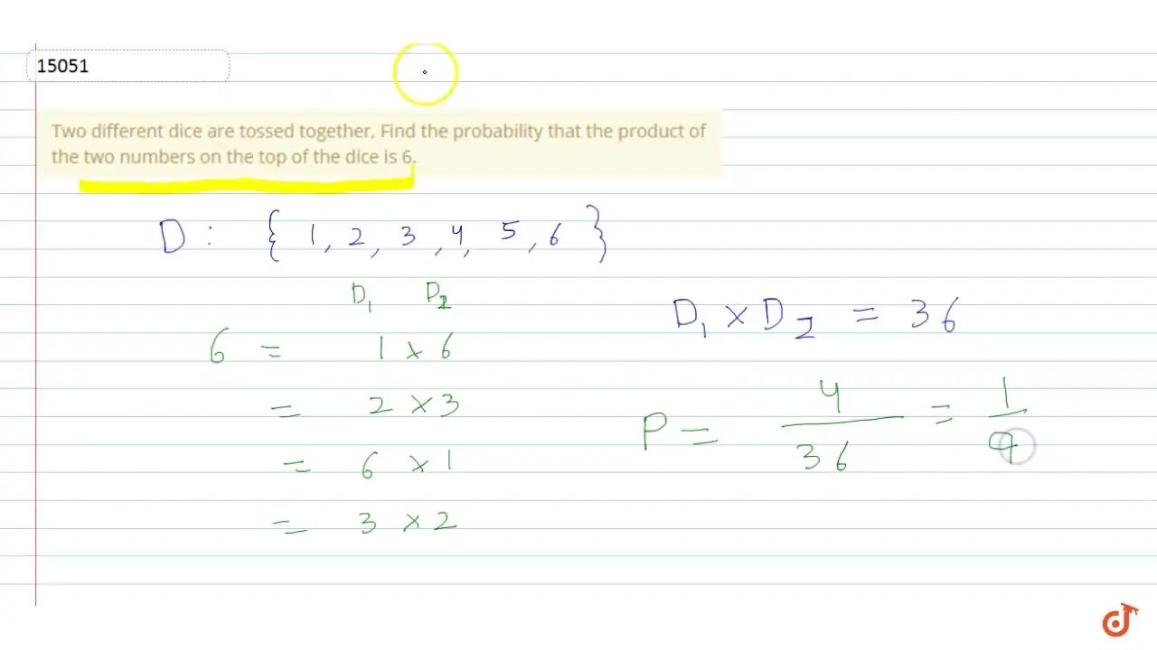 Two different dice are tossed together, Find the probability that the
