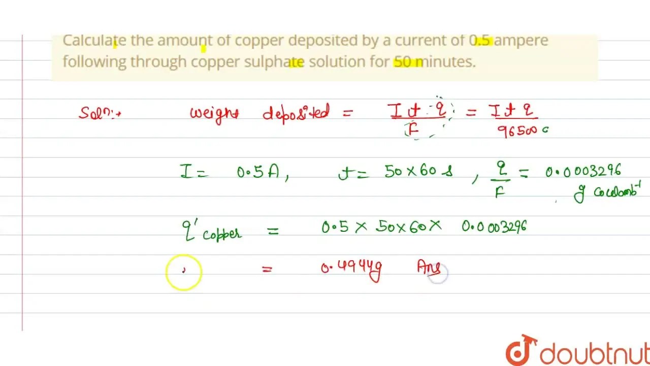 The electrochemical equivalent of copper is 0.0003296 g "coulomb"^(1)