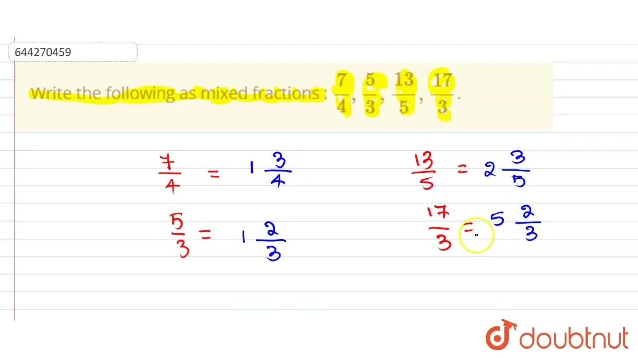 [Telugu] Write the following as mixed fractions 7/4, 5/3, 13/5, 17/3