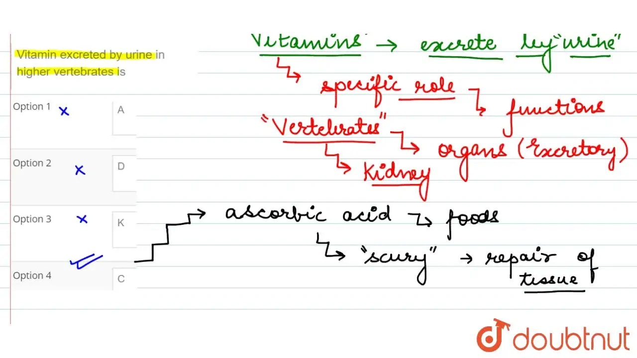 Vitamin excreted by urine in higher vertebrates is