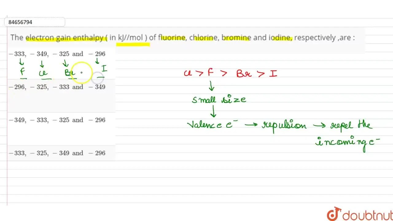 The electron gain enthalpy ( in kJ//mol ) of fluorine, chlorine,