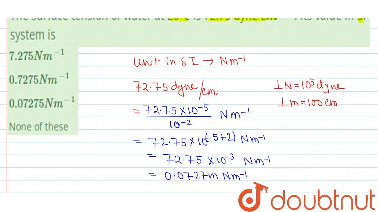 The surface tension of water at 20°C is 72.75 dyne cm^(1) . Its value