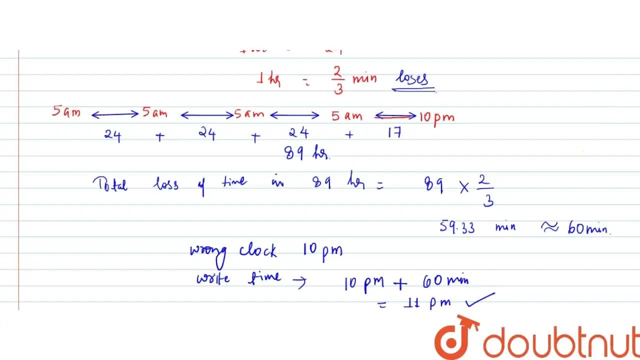 A clock is set right at 5am the clock loses 16min in 24 hours. What wi