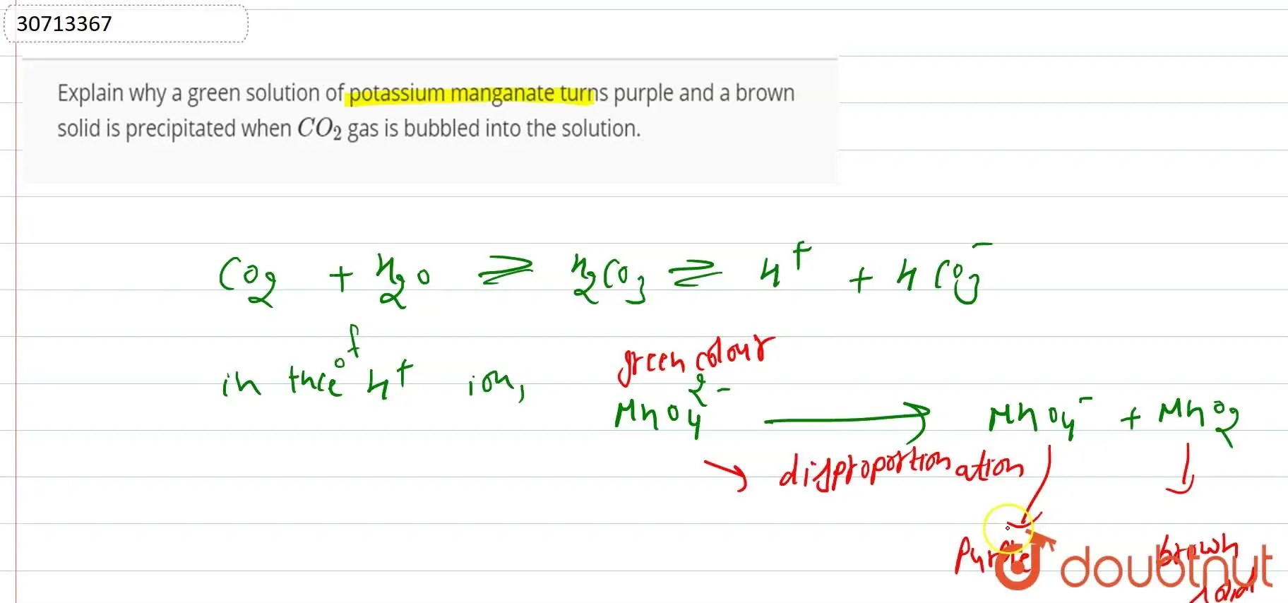 Explain why a green solution of potassium manganate turns purple and