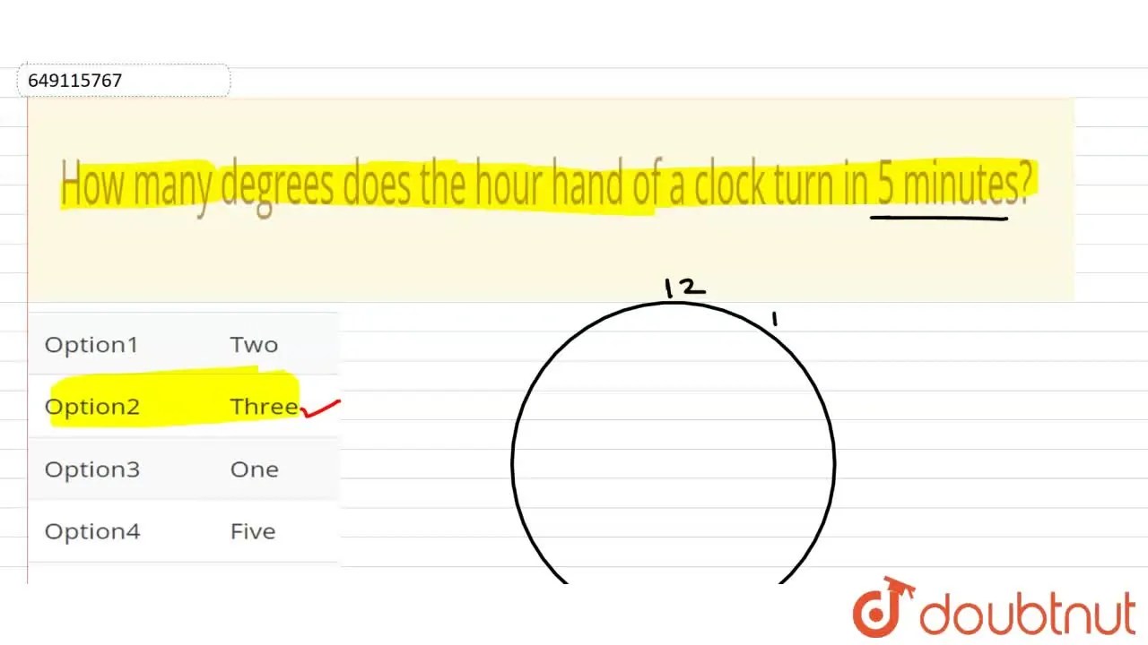 How many degrees does the hour hand of a clock turn in 5 minutes?