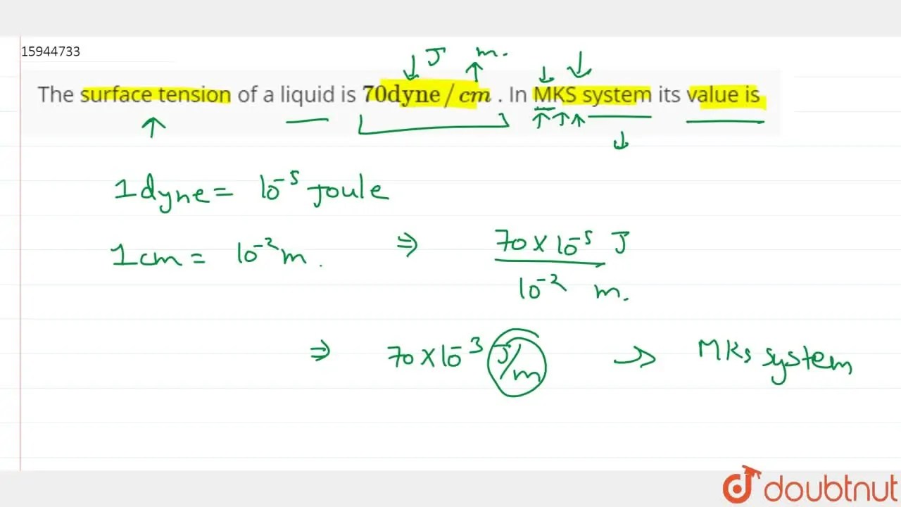 The surface tension of a liquid is 70 "dyne" // cm . In MKS system its