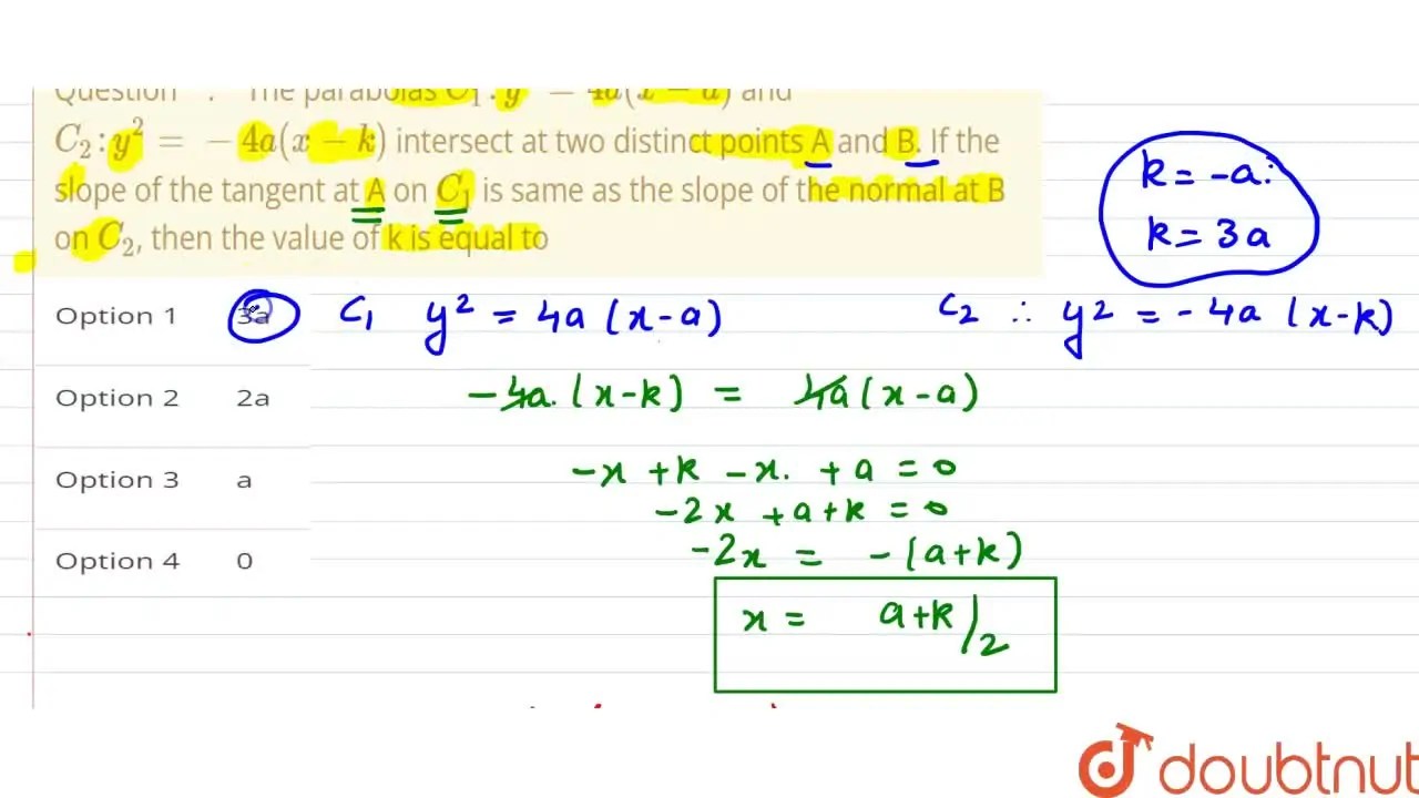The parabolas C(1) y^(2) = 4a (x a) and C(2) y^(2) = 4a(x k)