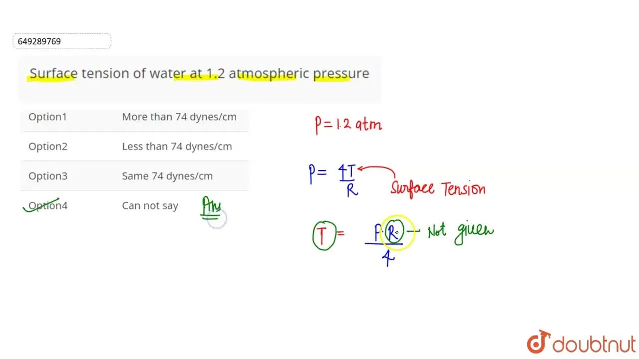 Surface tension of water at 1.2 atmospheric pressure