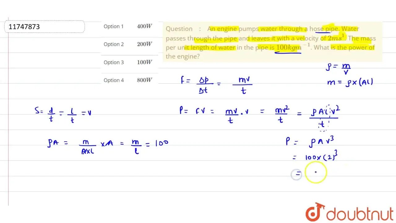 An engine pumps water through a hose pipe. Water passes through the pi