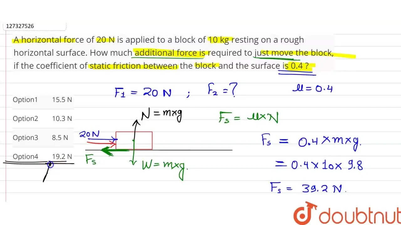 A horizontal force of 20 N is applied to a block of 10 kg resting on a