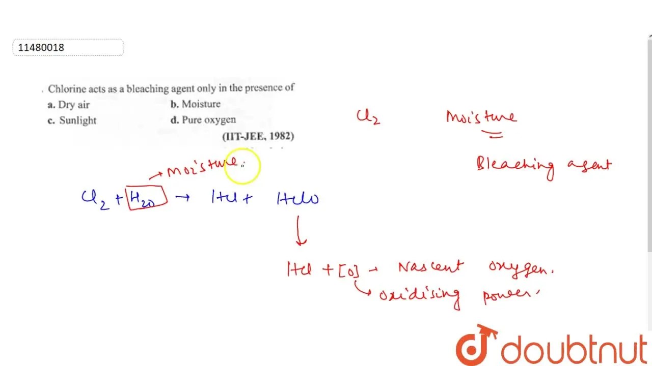 Chlorine acts as a bleaching agent only in the presence of