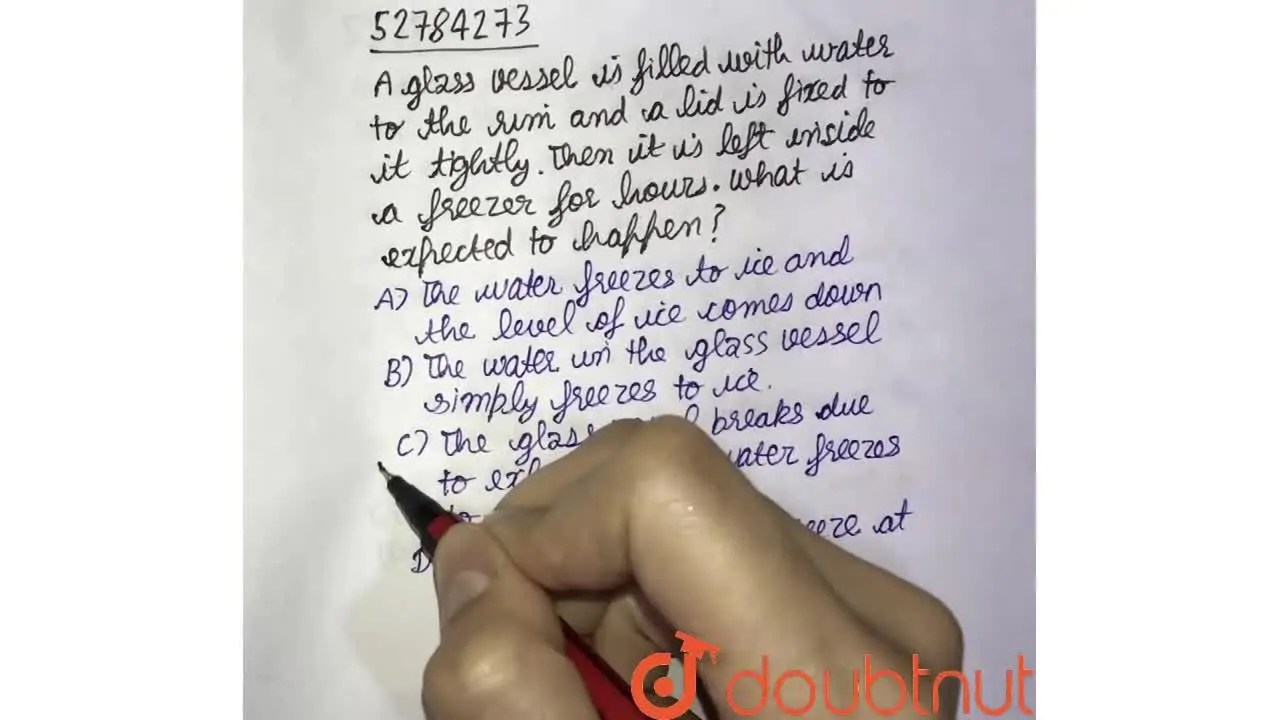 The glass vessel breaks due to expansion as water freezes to ice