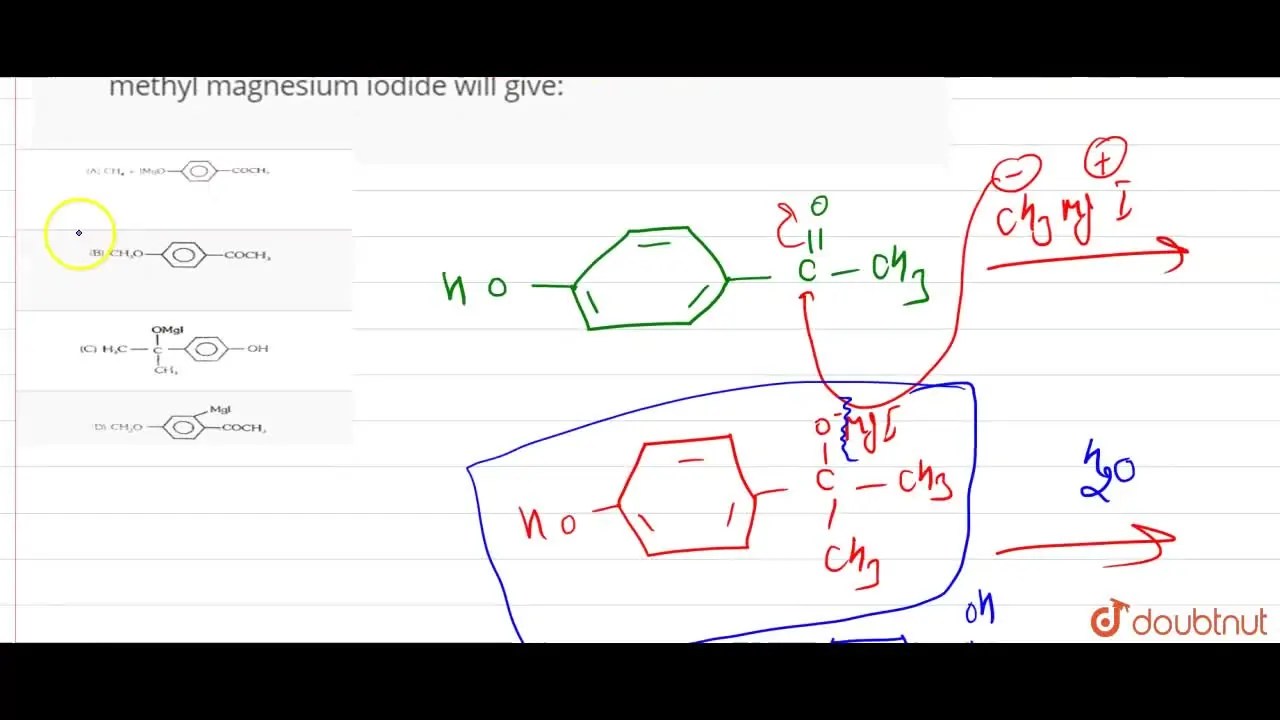 The reaction of 1 mol each of phydroxyacetophenone and methyl magnesi