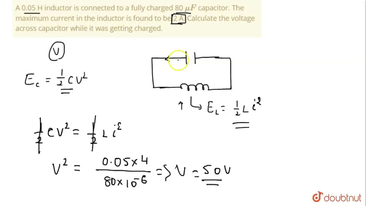 A 0.05 H inductor is connected to a fully charged 80 muF capacitor. Th