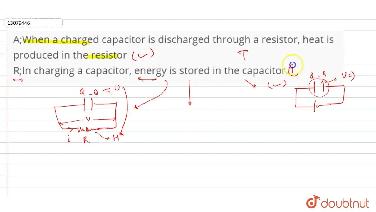 When a charged capacitor is discharged through a resistor, heat is pro