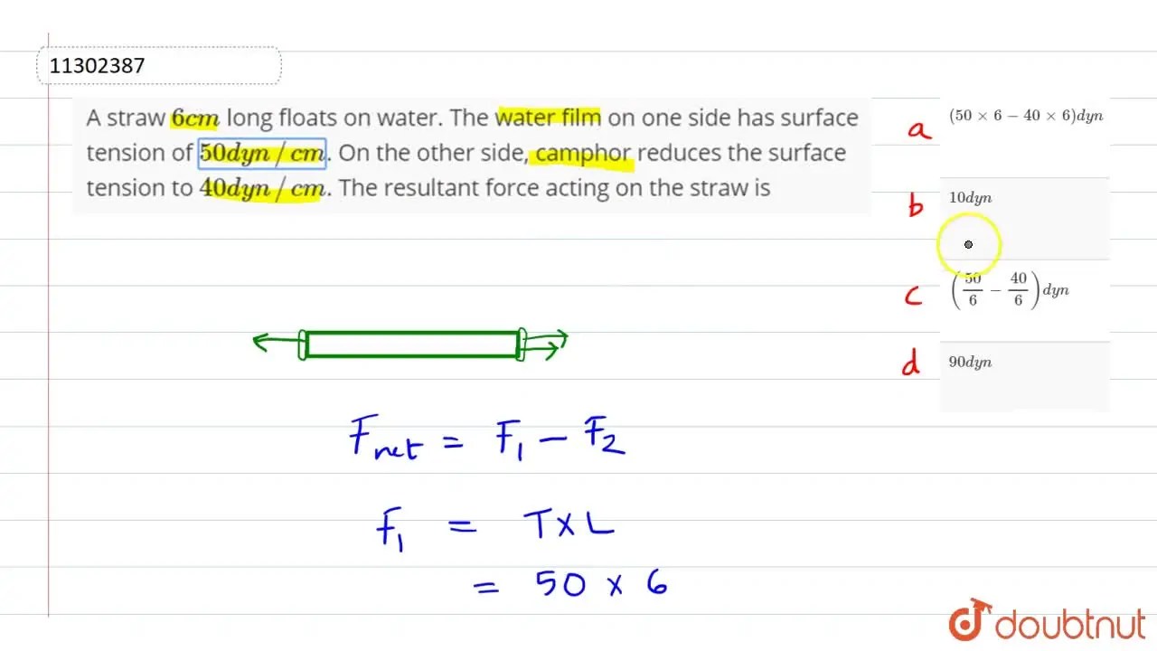 A straw 6 cm long floats on water. The water film on one side has surf