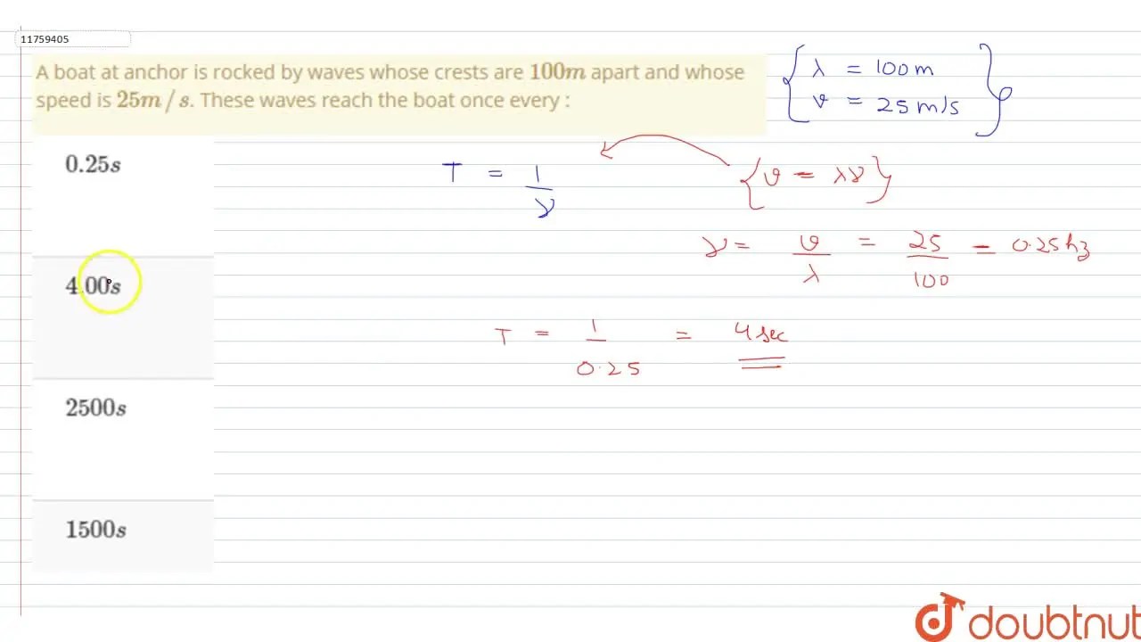 A boat at anchor is rocked by waves whose crests are 100 m apart and w
