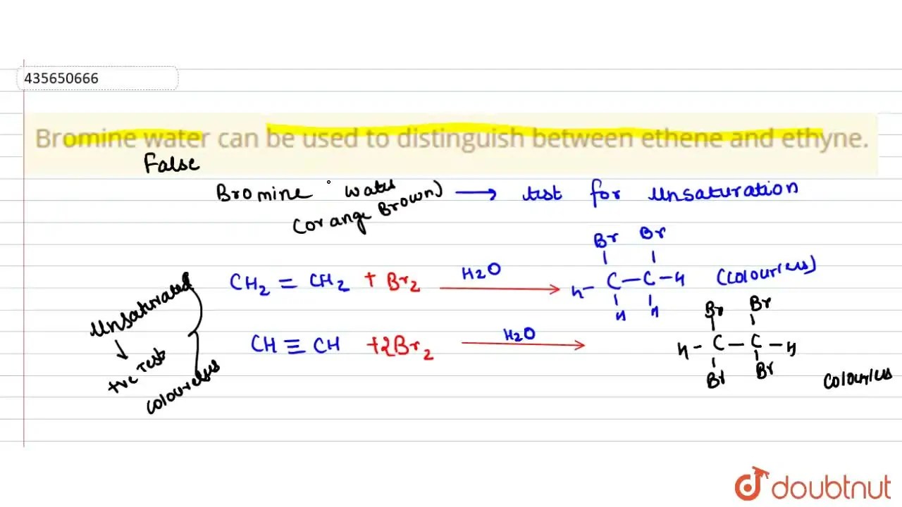 Bromine water can be used to distinguish between ethene and ethyne.