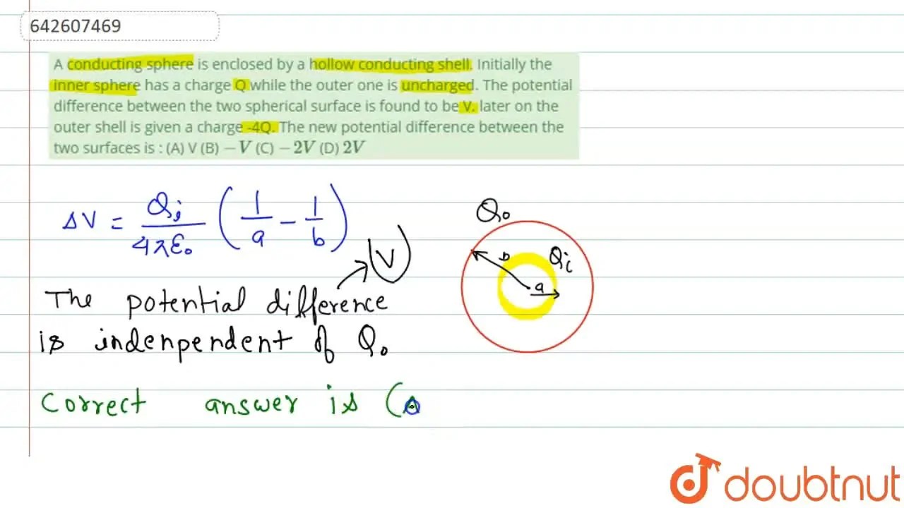 A conducting sphere is enclosed by a hollow conducting shell. Initiall
