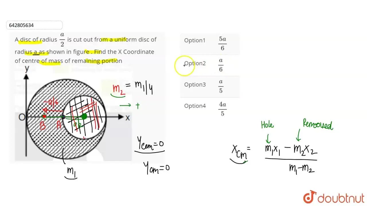 A disc of radius a/2 is cut out from a uniform disc of radius a as sho