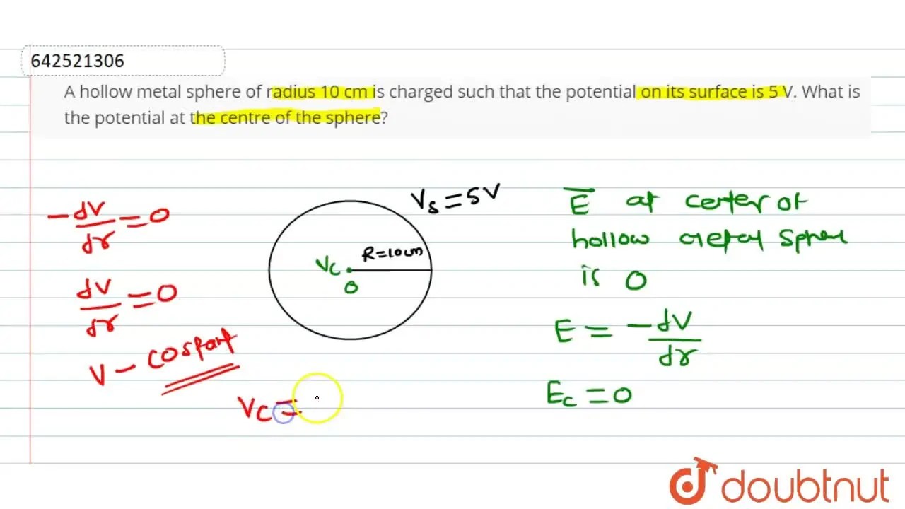 A hollow metal sphere of radius 10 cm is charged such that the potenti